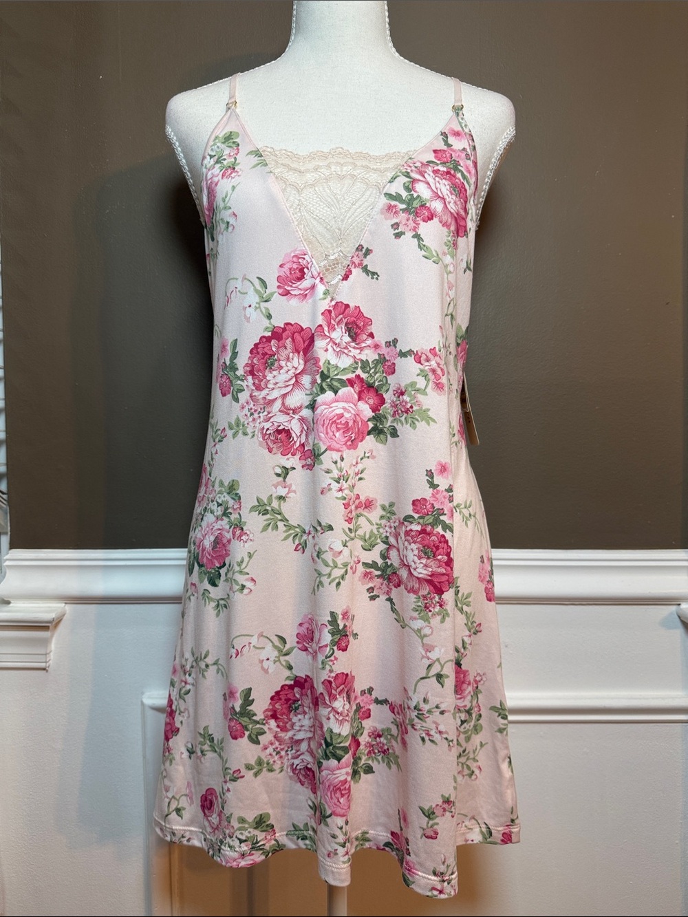 Flora Nikrooz Pink Floral Lace Trim Slip Chemise Nightgown Dress NWT M